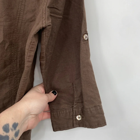Fresh Produce Top Women’s size Small Brown Linen Button Up Tabbed 3/4 Sleeve - Picture 6 of 10